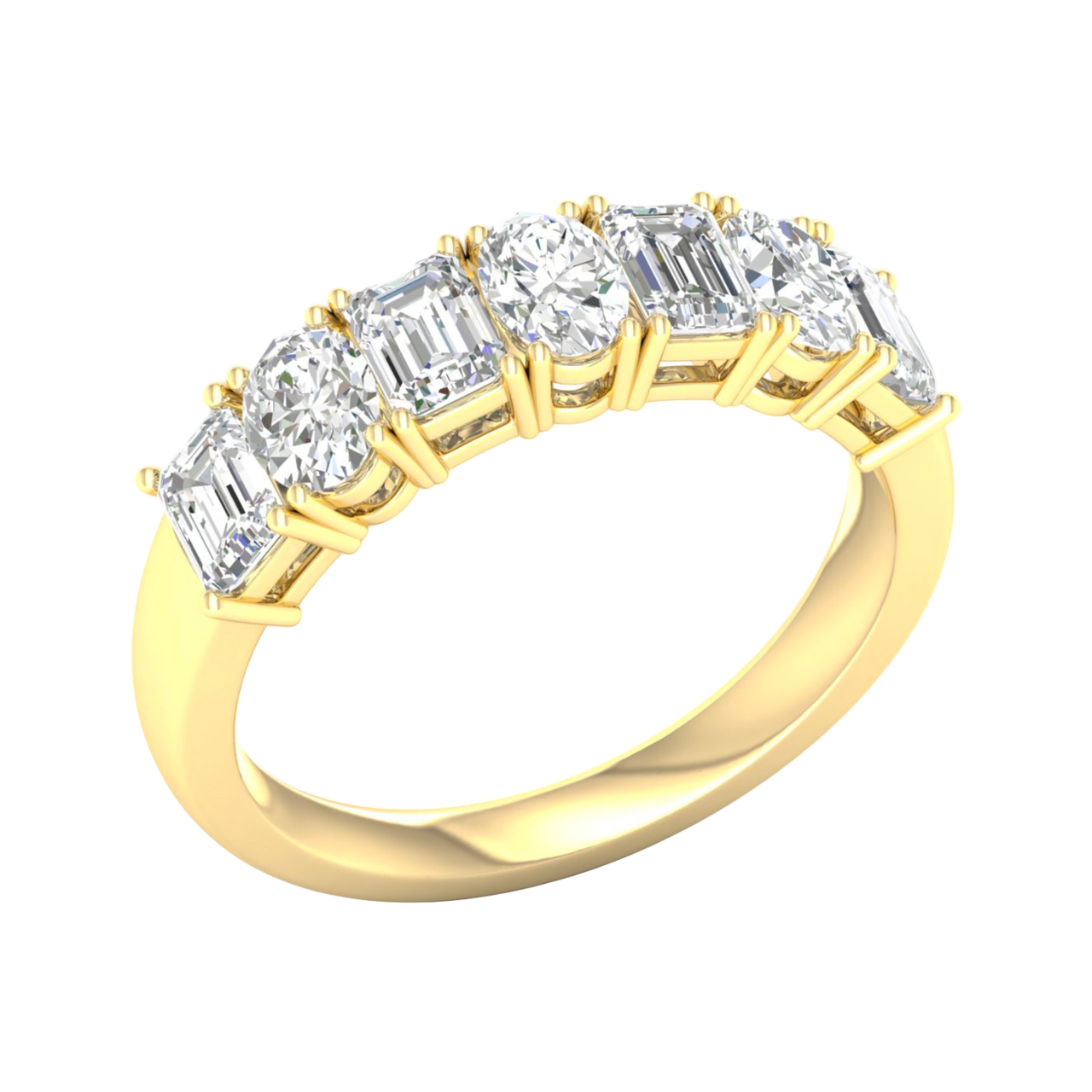 An angled view of a 14K yellow gold eternity ring, showcasing the magnificent line of diamonds.