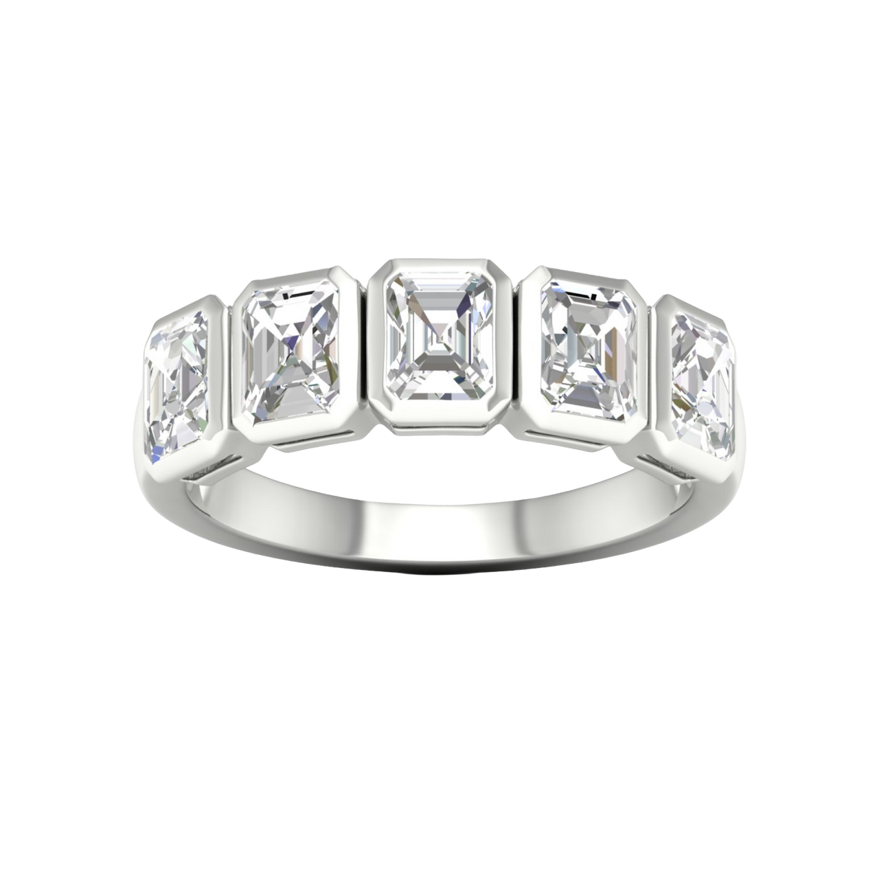 A top-down view of a 14K white gold ring with a series of horizontal, rectangular diamonds.
