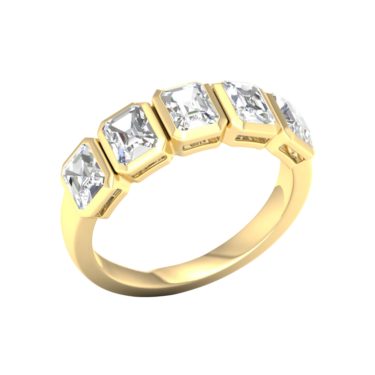 An angled view of a 14K yellow gold ring, showcasing the series of horizontal rectangular diamonds and the fluid connections between them.