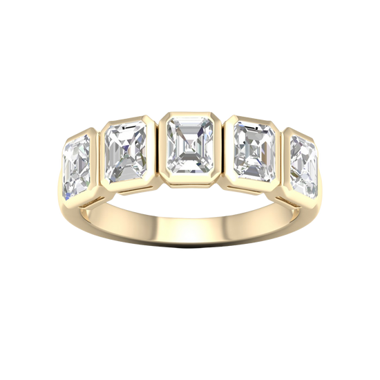 A top-down view of a 14K yellow gold ring with a series of horizontal, rectangular diamonds.