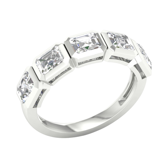 An angled view of a 14K white gold ring, showcasing the series of horizontal square-cut diamonds and the sleek connections between them.