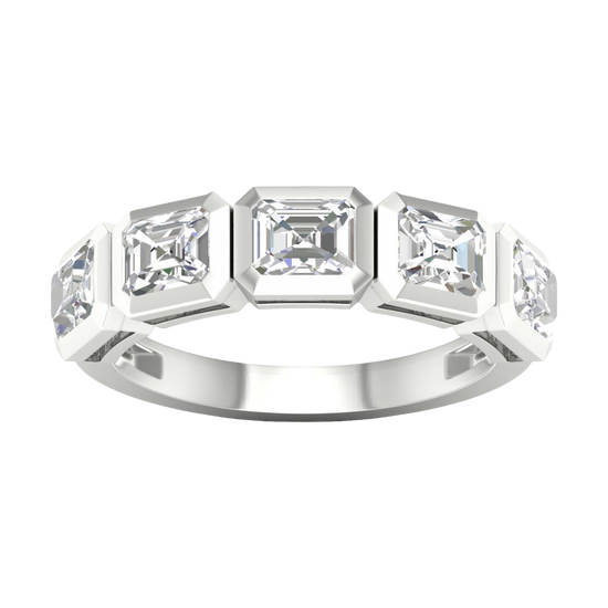A top-down view of a 14K white gold ring with a continuous series of horizontal, square-cut diamonds.