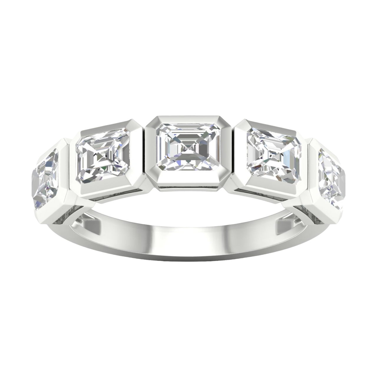 A top-down view of a 14K white gold ring with a continuous series of horizontal, square-cut diamonds.
