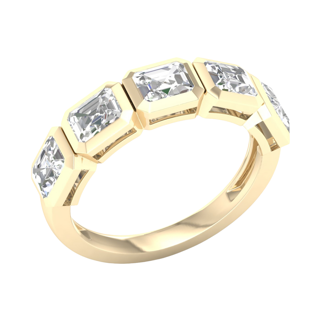 An angled view of a 14K yellow gold ring, showcasing the series of horizontal square-cut diamonds and the sleek connections between them.