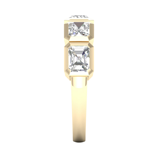 A side-profile view of a 14K yellow gold ring with a series of square-cut diamonds, showing the modern bezel setting.