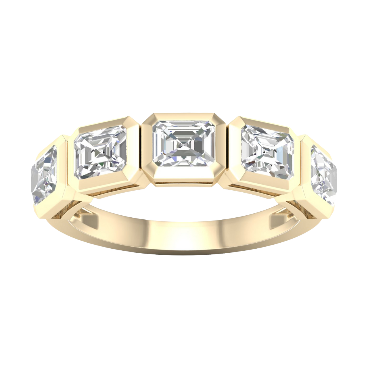 A top-down view of a 14K yellow gold ring with a continuous series of horizontal, square-cut diamonds.
