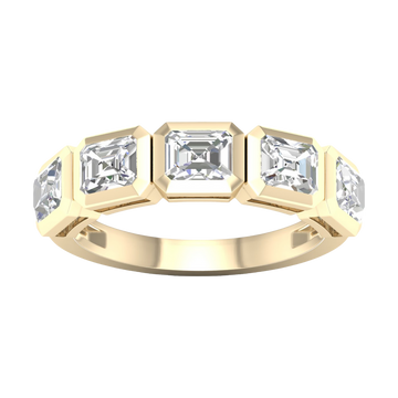 A top-down view of a 14K yellow gold ring with a continuous series of horizontal, square-cut diamonds.