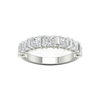 A top-down view of a 14K white gold eternity ring with a continuous line of horizontally-set princess-cut diamonds.
