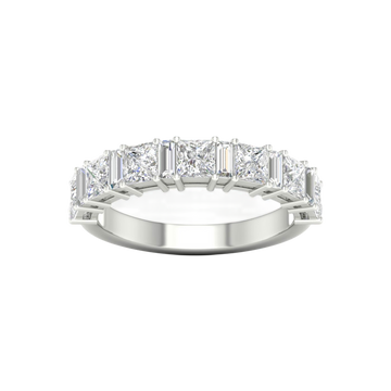 A top-down view of a 14K white gold eternity ring with a continuous line of horizontally-set princess-cut diamonds.