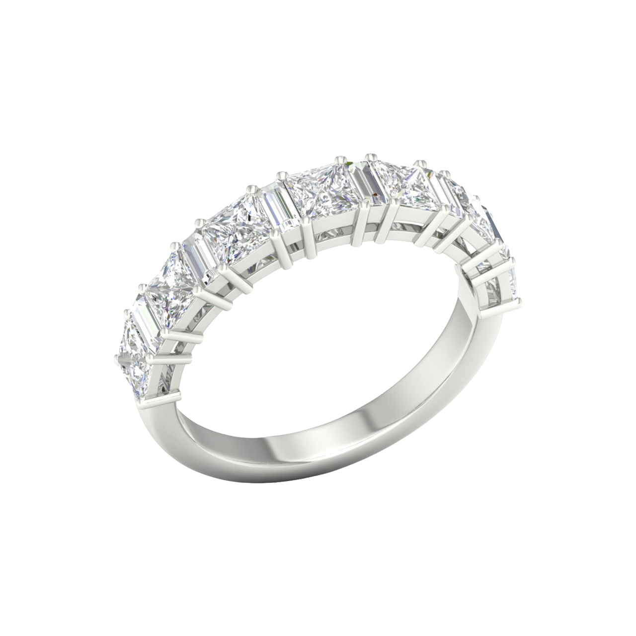 An angled view of a 14K white gold eternity ring, showcasing the brilliant line of princess-cut diamonds.