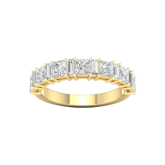 A top-down view of a 14K yellow gold eternity ring with a continuous line of horizontally-set princess-cut diamonds.