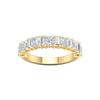 A top-down view of a 14K yellow gold eternity ring with a continuous line of horizontally-set princess-cut diamonds.