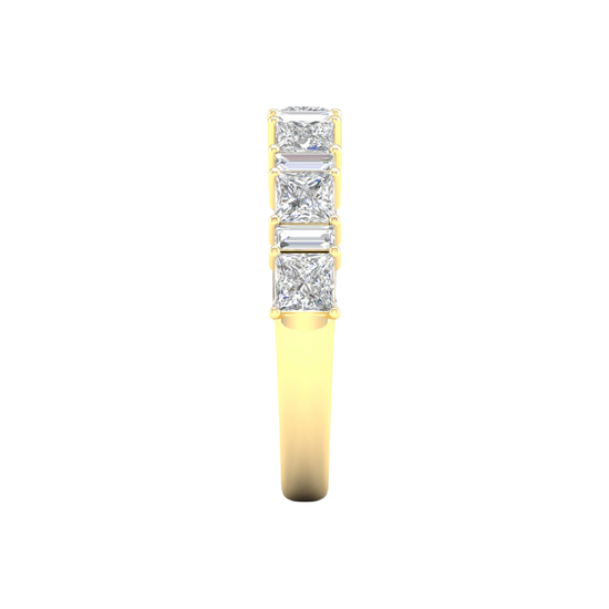 A side-profile view of a 14K yellow gold eternity ring, showing the clean, open setting of the diamonds.