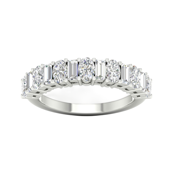 A top-down view of a 14K white gold eternity ring with a continuous line of horizontally-set round diamonds.
