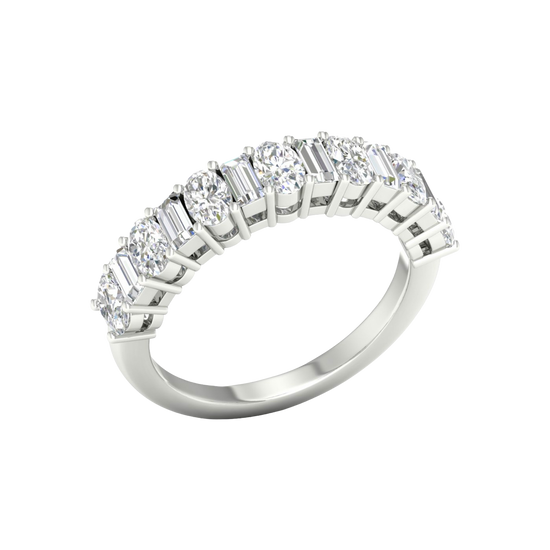 An angled view of a 14K white gold eternity ring, showcasing the brilliant line of round diamonds.