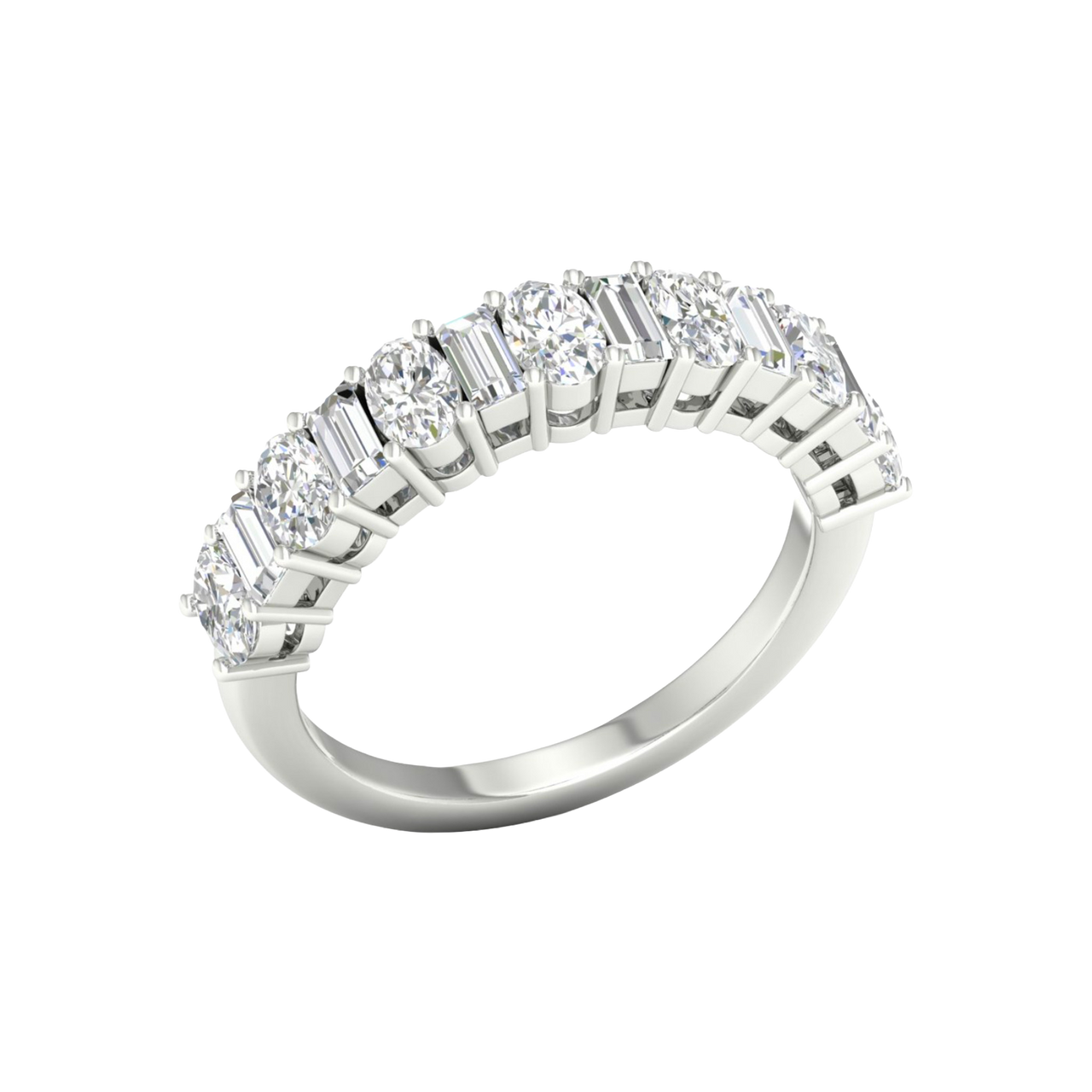 An angled view of a 14K white gold eternity ring, showcasing the brilliant line of round diamonds.