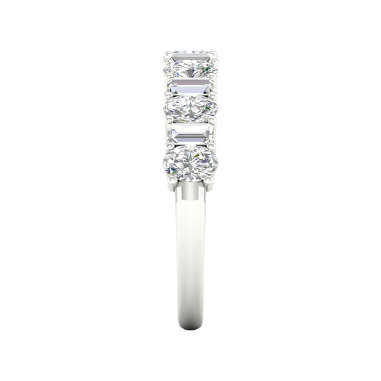 A side-profile view of a 14K white gold eternity ring, showing the clean, open setting of the diamonds.