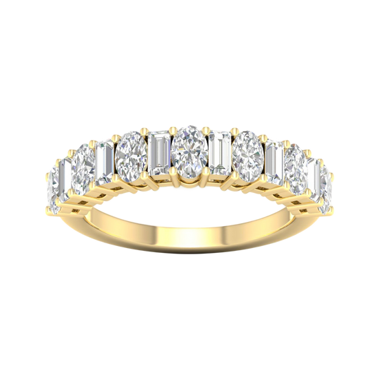 A top-down view of a 14K yellow gold eternity ring with a continuous line of horizontally-set round diamonds.