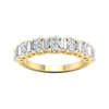A top-down view of a 14K yellow gold eternity ring with a continuous line of horizontally-set round diamonds.