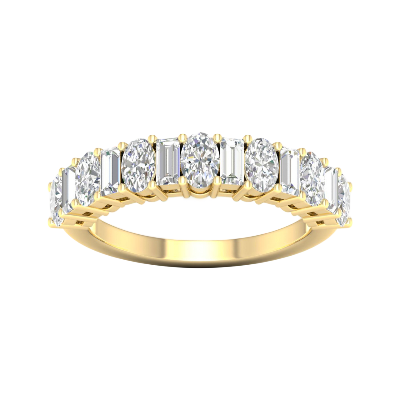 A top-down view of a 14K yellow gold eternity ring with a continuous line of horizontally-set round diamonds.