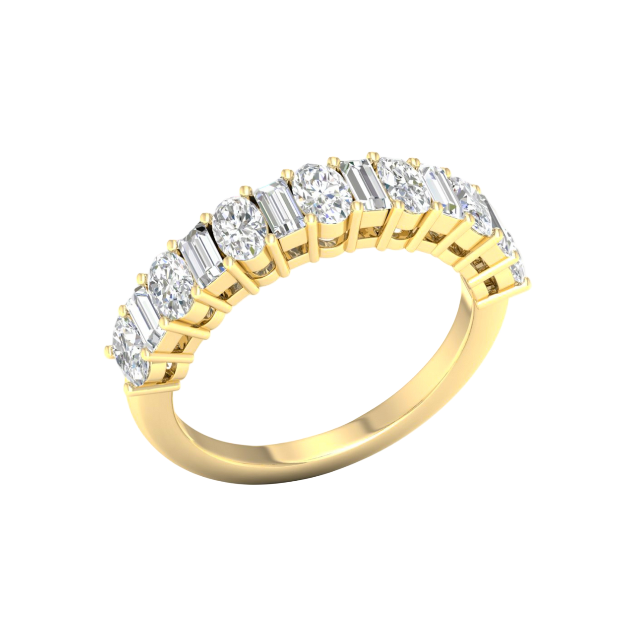 An angled view of a 14K yellow gold eternity ring, showcasing the brilliant line of round diamonds.