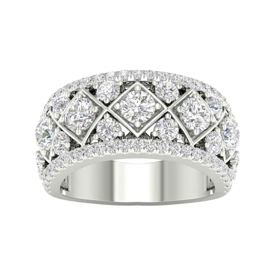A top-down view of a 14K white gold wide band ring with a geometric pattern of princess-cut and pavé diamonds.