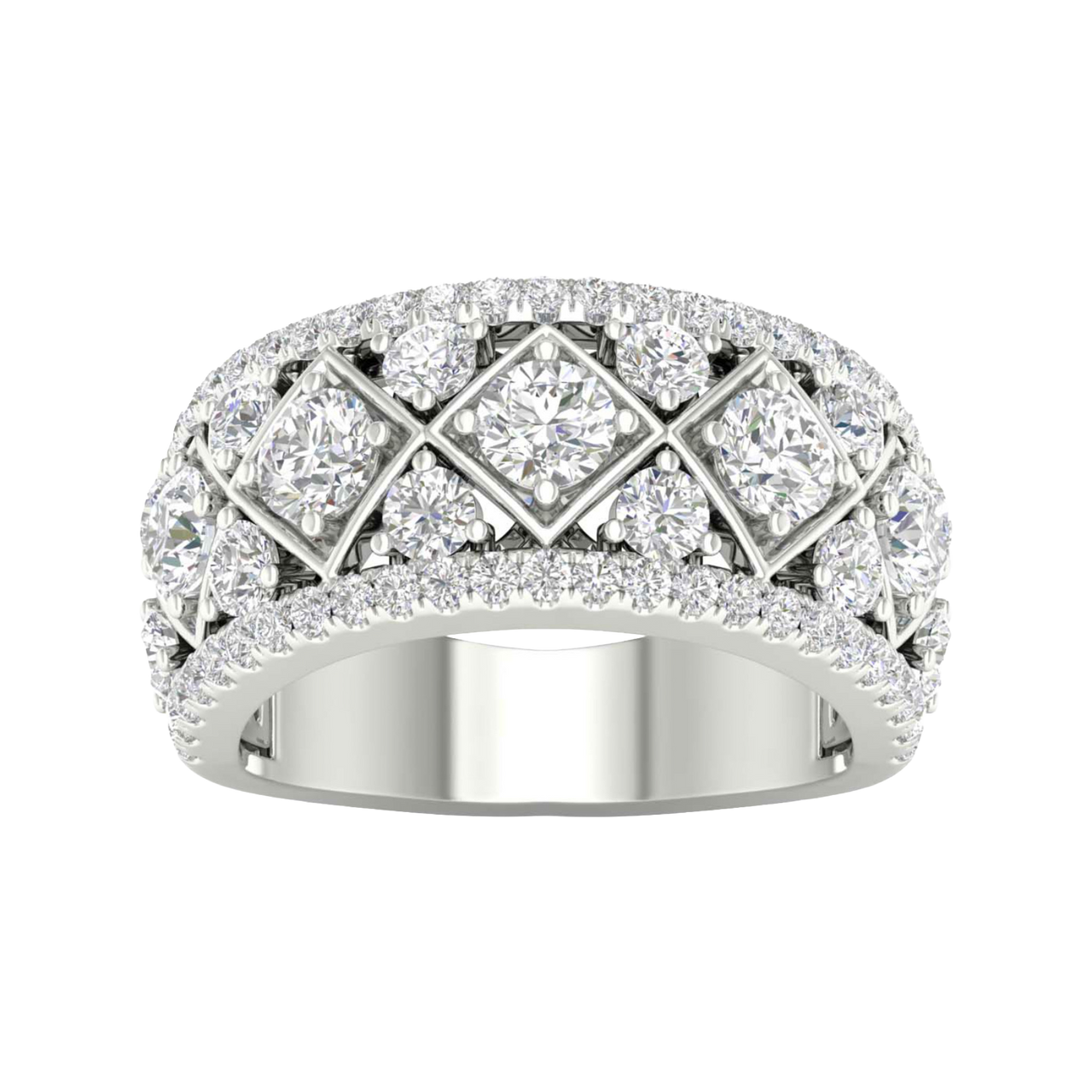 A top-down view of a 14K white gold wide band ring with a geometric pattern of princess-cut and pavé diamonds.
