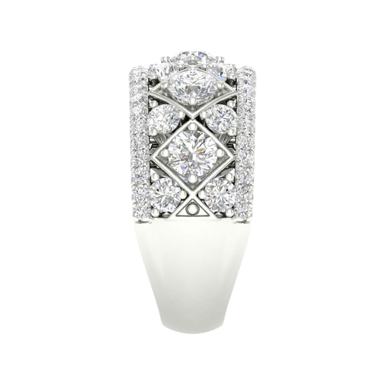 A side-profile view of a 14K white gold wide band ring, showing the domed surface and the intricate diamond setting.