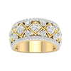 A top-down view of a 14K yellow gold wide band ring with a geometric pattern of princess-cut and pavé diamonds.