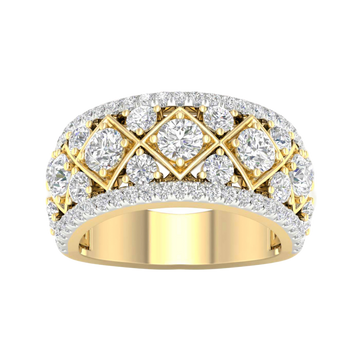 A top-down view of a 14K yellow gold wide band ring with a geometric pattern of princess-cut and pavé diamonds.