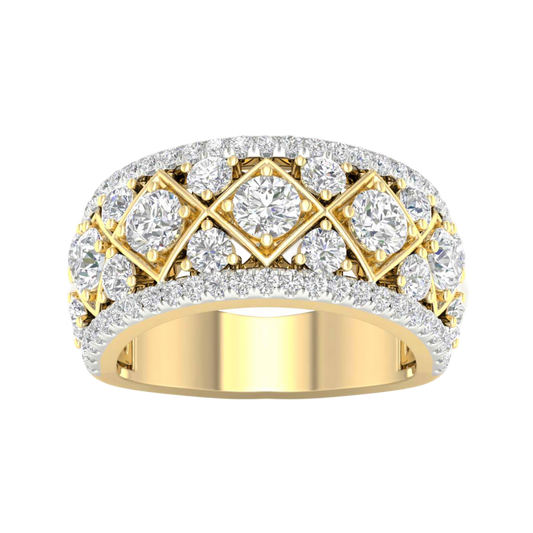 A top-down view of a 14K yellow gold wide band ring with a geometric pattern of princess-cut and pavé diamonds.