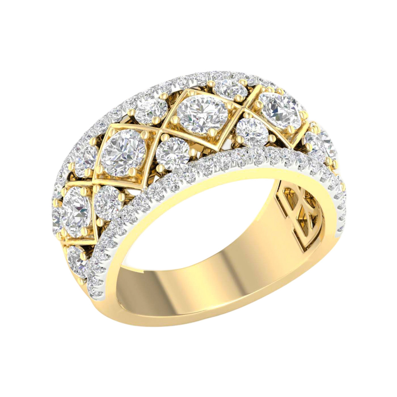 An angled view of a 14K yellow gold wide band ring, showcasing the magnificent, geometric pavé pattern.