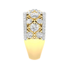 A side-profile view of a 14K yellow gold wide band ring, showing the domed surface and the intricate diamond setting.