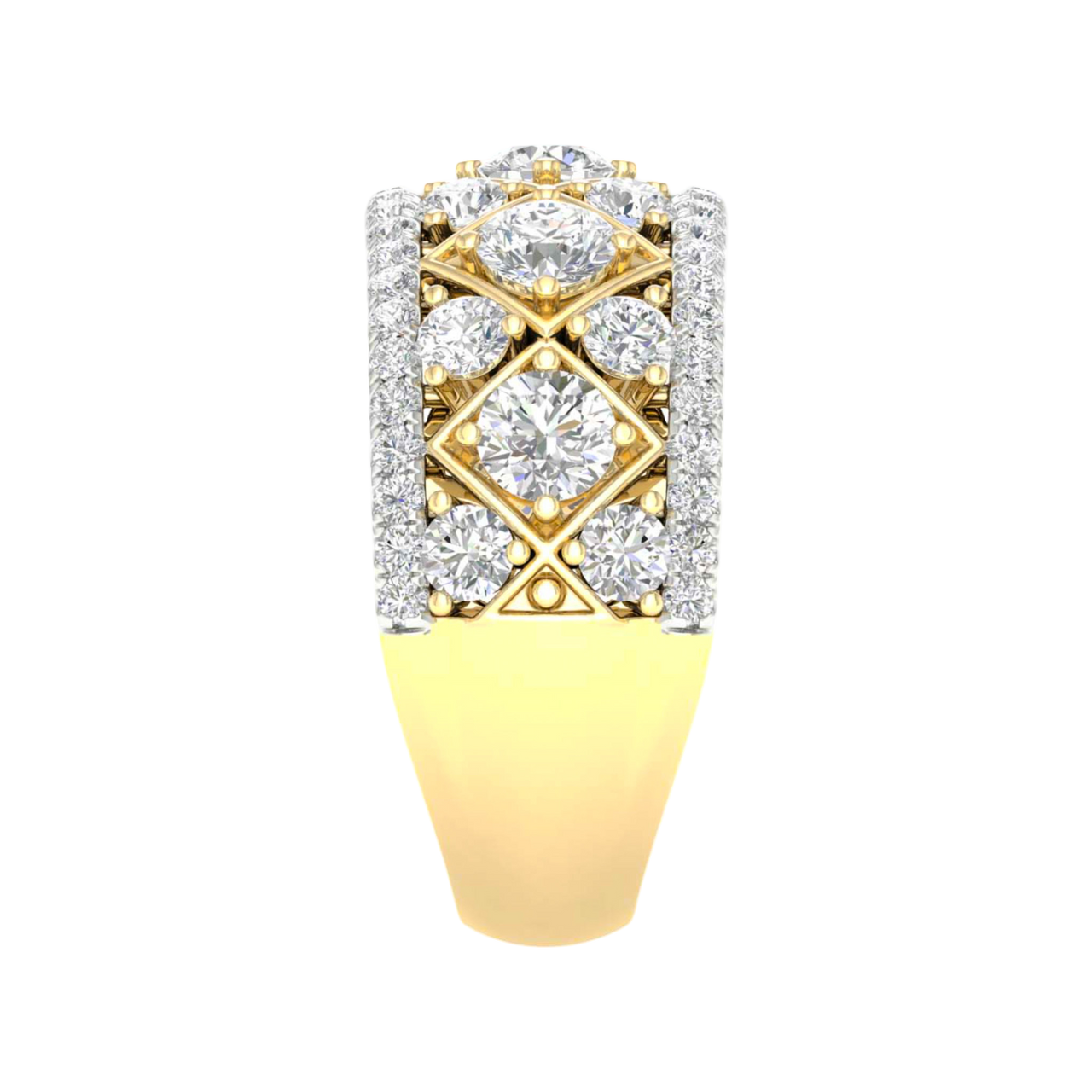 A side-profile view of a 14K yellow gold wide band ring, showing the domed surface and the intricate diamond setting.