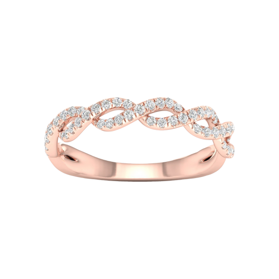 A top-down view of a 14K rose gold braided ring with a continuous pavé diamond design.