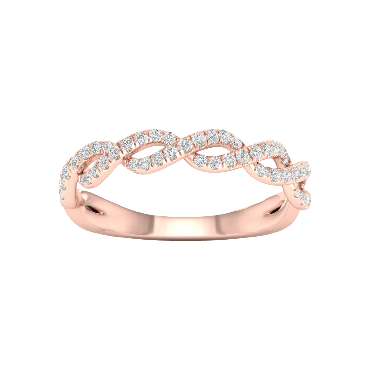 A top-down view of a 14K rose gold braided ring with a continuous pavé diamond design.