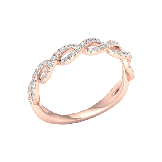 An angled view of a 14K rose gold braided ring, showcasing the intricate, brilliant pavé pattern.
