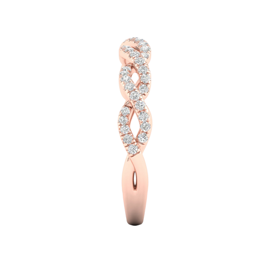 A side-profile view of a 14K rose gold braided ring, showing the interwoven design and pavé diamonds.
