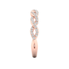 A side-profile view of a 14K rose gold braided ring, showing the interwoven design and pavé diamonds.