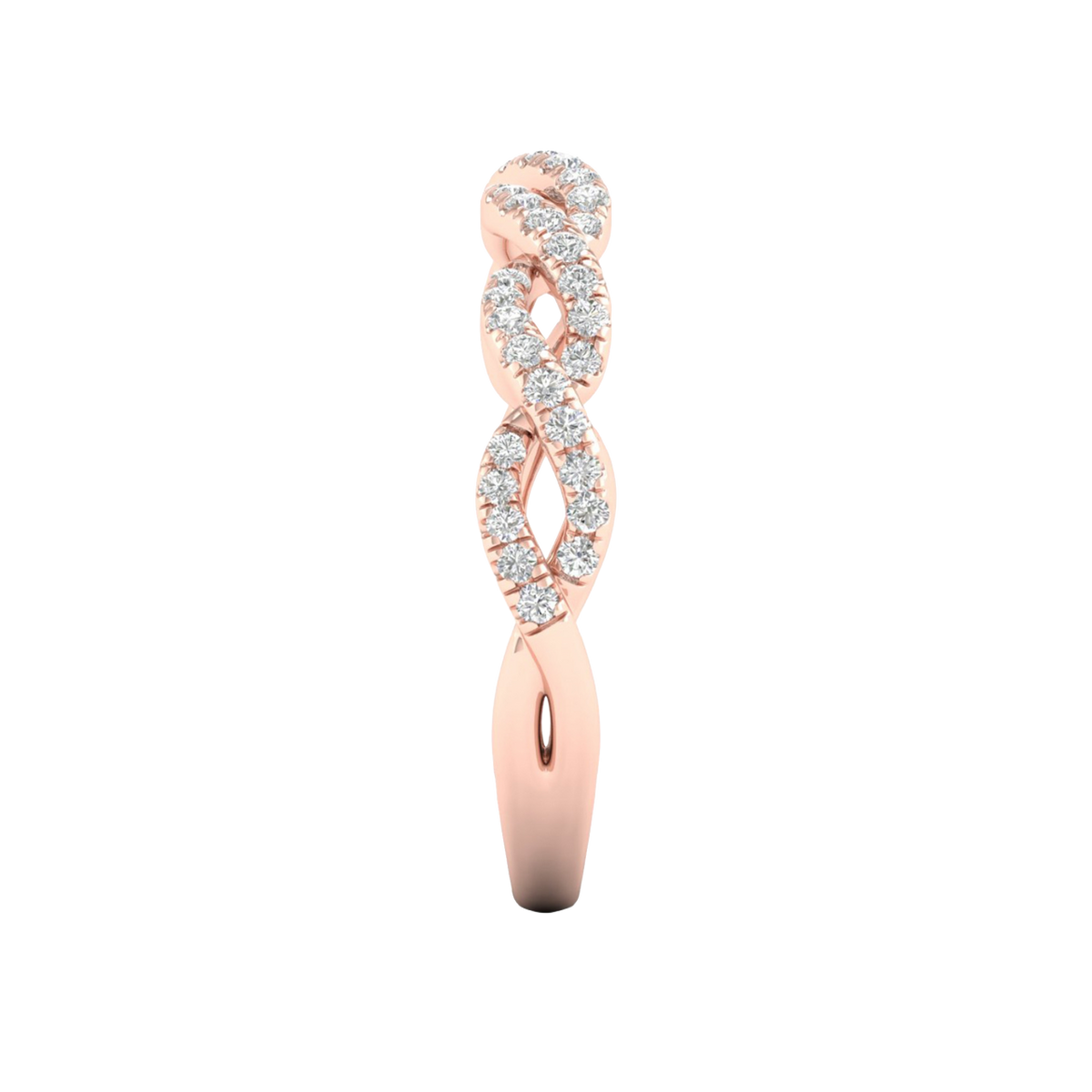 A side-profile view of a 14K rose gold braided ring, showing the interwoven design and pavé diamonds.