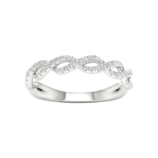 A top-down view of a 14K white gold braided ring with a continuous pavé diamond design.