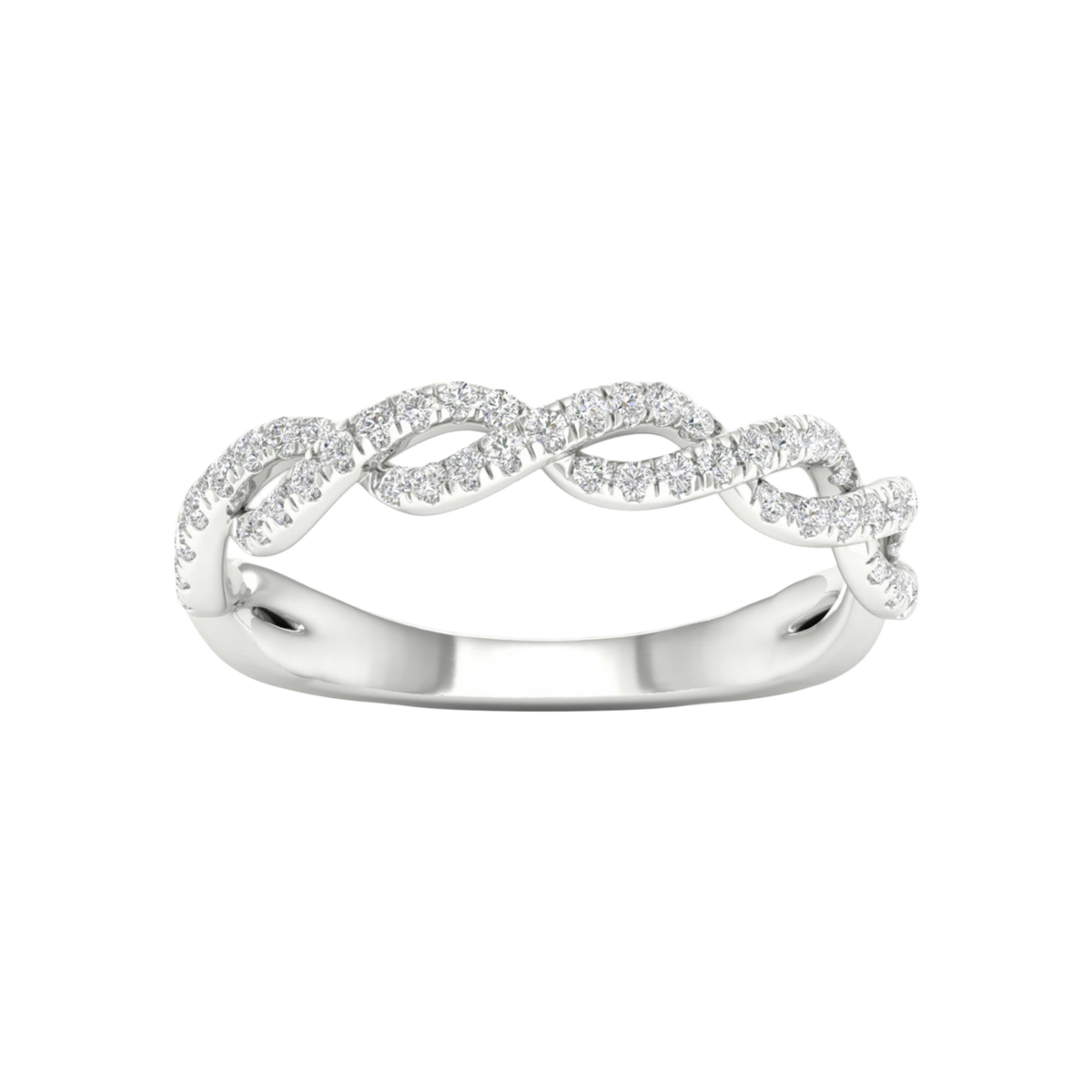 A top-down view of a 14K white gold braided ring with a continuous pavé diamond design.