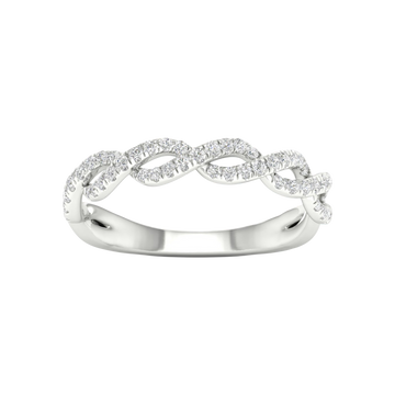 A top-down view of a 14K white gold braided ring with a continuous pavé diamond design.