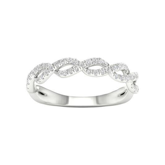 A top-down view of a 14K white gold braided ring with a continuous pavé diamond design.
