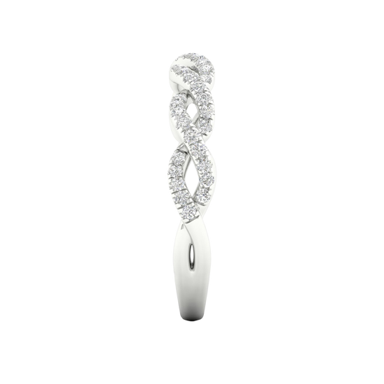 A side-profile view of a 14K white gold braided ring, showing the interwoven design and pavé diamonds.