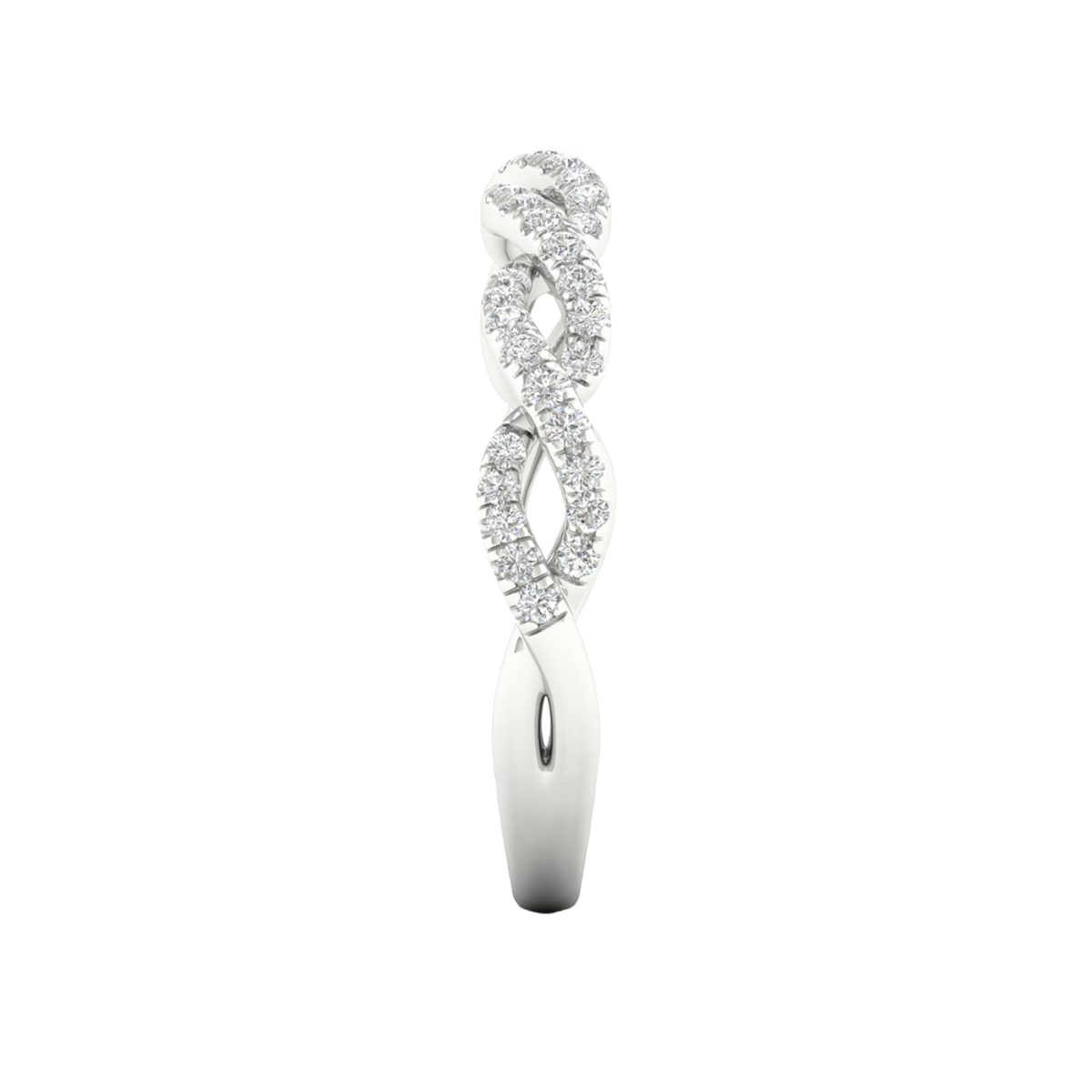 A side-profile view of a 14K white gold braided ring, showing the interwoven design and pavé diamonds.