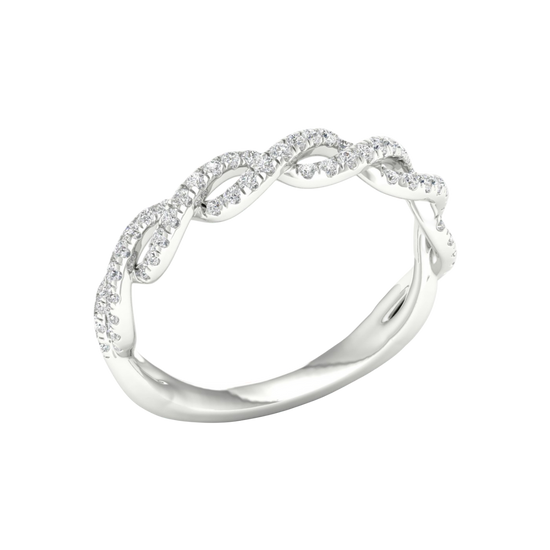 An angled view of a 14K white gold braided ring, showcasing the intricate, brilliant pavé pattern.