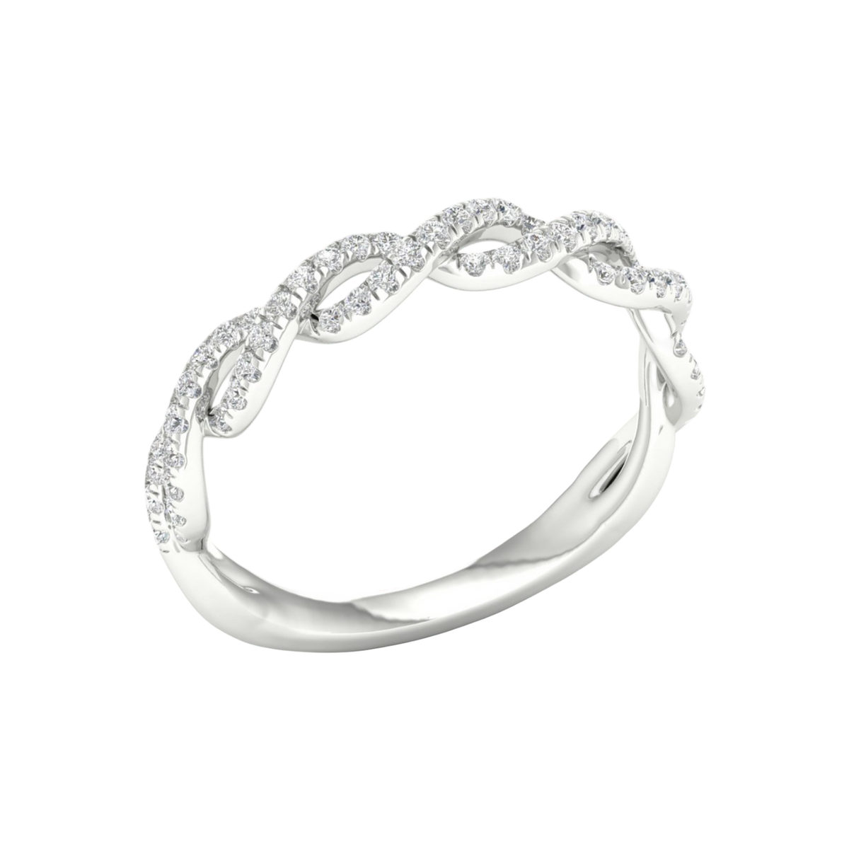 An angled view of a 14K white gold braided ring, showcasing the intricate, brilliant pavé pattern.