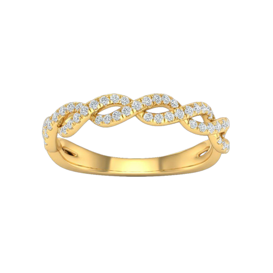 A top-down view of a 14K yellow gold braided ring with a continuous pavé diamond design.