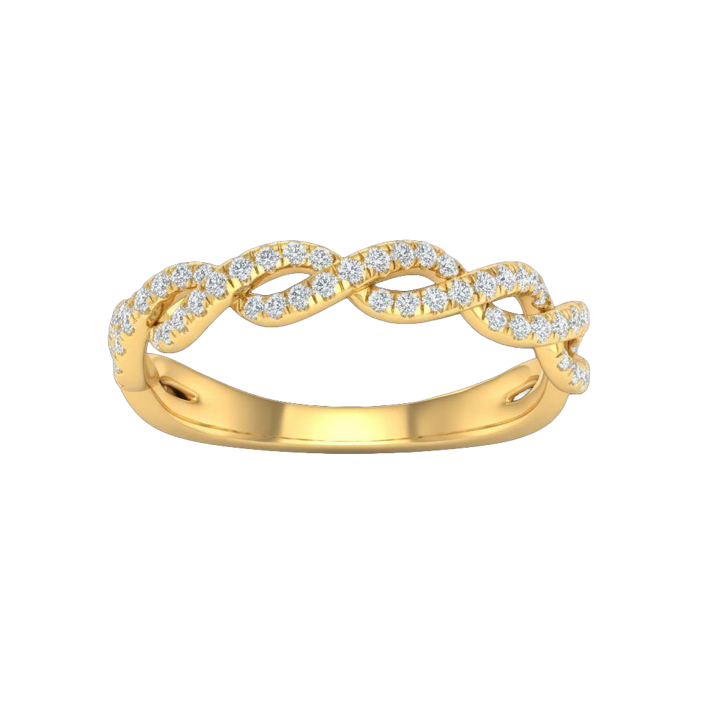 A top-down view of a 14K yellow gold braided ring with a continuous pavé diamond design.